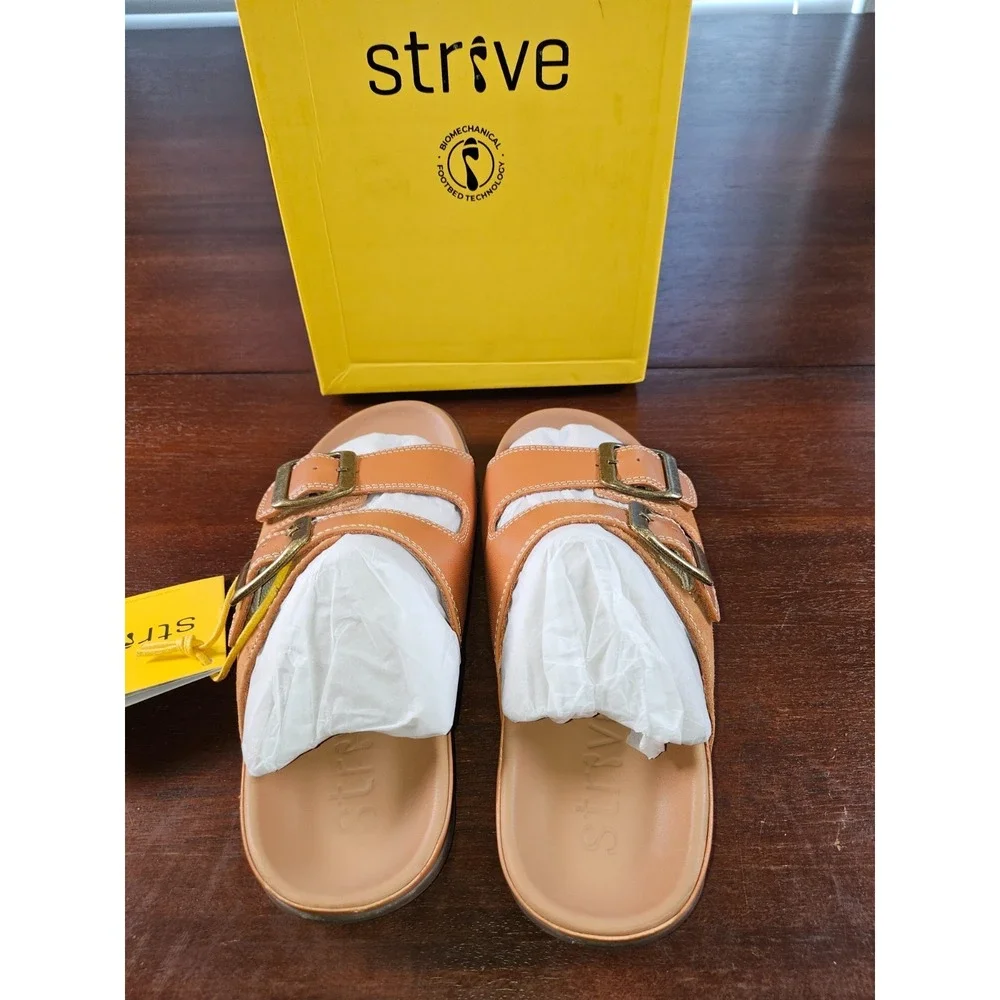 Womans Stive Footwear Largo Slip on Sandal Tan Leather‎ Double Buckle Sz 6 $114